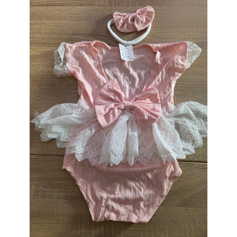 Newborn Baby Girl Pink Lace Tutu Romper and Bow Headband Set Photography Prop